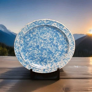 4-Vintage Homer Laughlin blau Schwammgeschirr Spritzer 10,5 Speiseteller 1978 USA - Bild 1 von 21