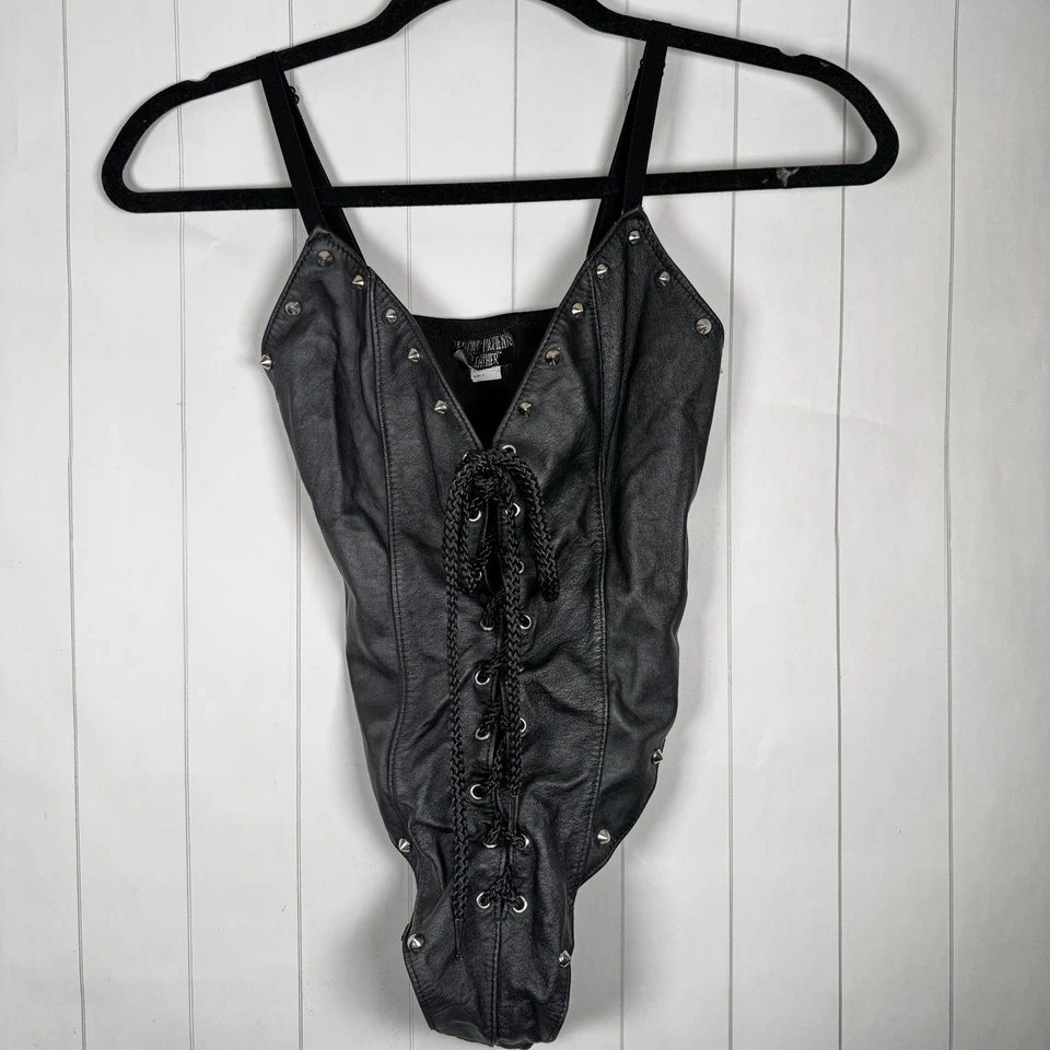 Elegante Momentos Cuero Negro Tachonado Body Sexy Motociclista Lencería Top S Foto 1 de 4