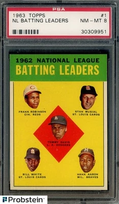 1963 Topps Béisbol #1 Líderes de Bateo de la Liga Nacional Frank Robinson Stan Musial Hank Aaron Foto 1 de 2