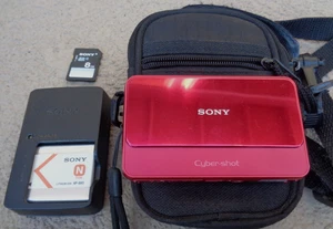 SONY DSC-T110 16.1MP 4X COMPACT DIGITAL CAMERA W/BATT+CHG+CASE TESTED WORKS RED - Picture 1 of 7