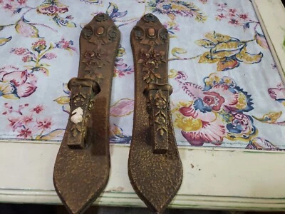 Antique Pair Wood and Brass Wall Hanging Sconces Candle Holders Primitive 17" - Image 1 of 4