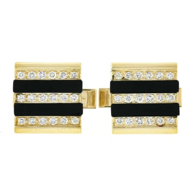 14K Gold 0.72ctw Diamond & Black Onyx Alternating Row Square Swivel Cuff Links - Image 1 of 4
