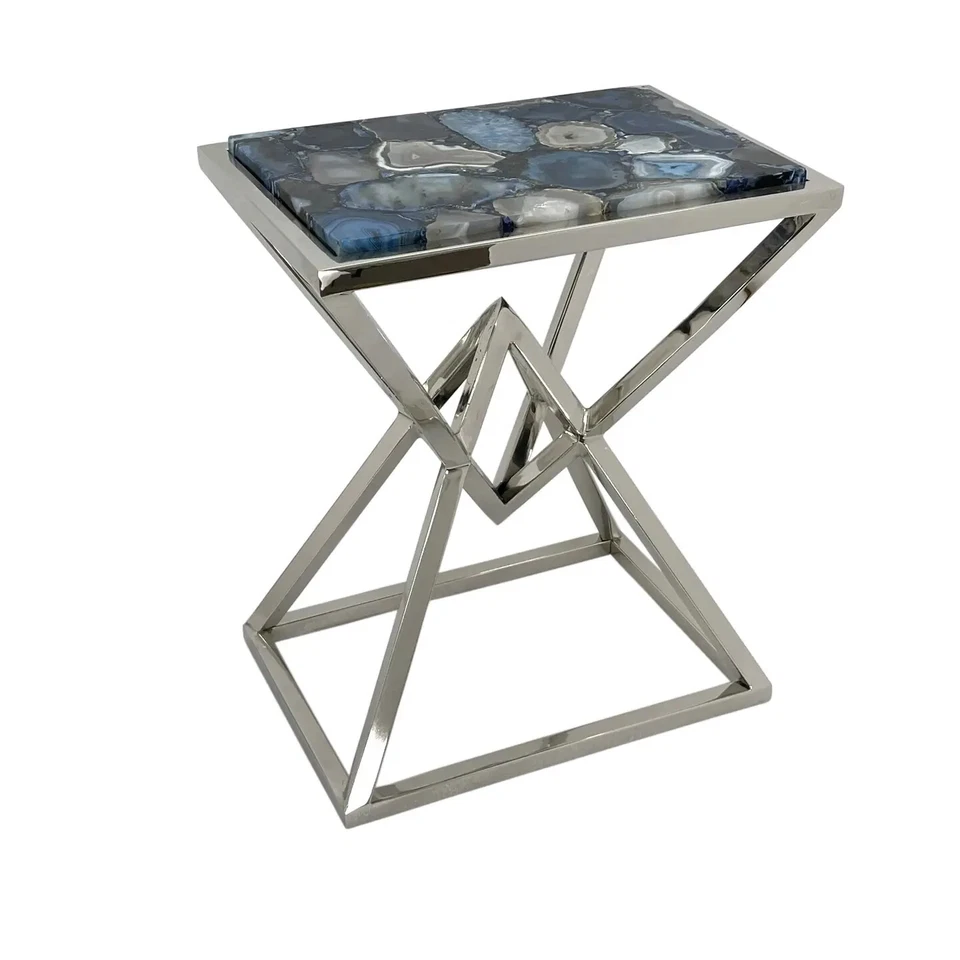 52cm Solid Stainless Steel Silver Side Table Metal Blue Chalcedony Finish Modern - Image 1 of 1