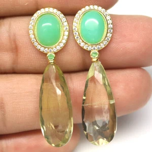 Lemon Quartz, Chrysoprase, Tsavorite Garnet & Cubic Zirconia Earrings 925 Silver - Picture 1 of 4
