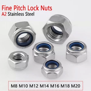 Fine Pitch Nyloc Nuts A2 Stainless Steel Fine Thread Nylon Lock Nuts M8 M10-M20 - Picture 1 of 8
