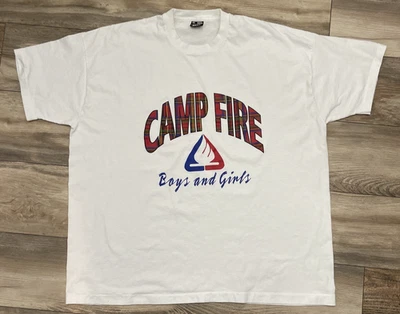 Camiseta blanca vintage Camp Fire para niños y niñas de una sola puntada hecha en EE. UU. talla 3X Foto 1 de 4