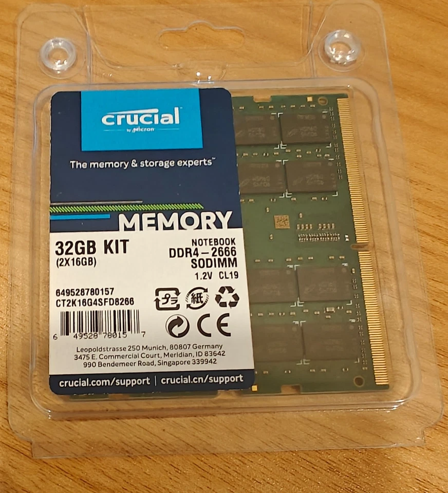 CRUCIAL 32GB 2x16GB DDR4-2666 SODIMM  Laptop MEMORY~CT2K16G4SFD8266~Brand New - Image 1 of 1
