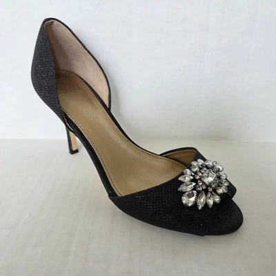 Badgley Mischka Belle Negro Gatito Tacones Peep Toe con Joyas Adornadas Talla 8M Usado en Excelente Condición Foto 1 de 4