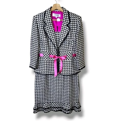 Conjunto de Vestido e Jaqueta de Seda Sara Campbell Houndstooth Tamanho 8 Laço Rosa Clássico Preppy - Imagem 1 de 4
