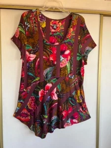 NWT Soft Surroundings Knit Tunic Top Size XL Short Sleeves Maroon Floral Stripes - Picture 1 of 9