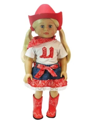 Ropa para Muñecas 18" Falda Occidental Azul Denim Top Rojo Bufanda Sombrero Botas Ajuste Muñecas 18" Foto 1 de 4