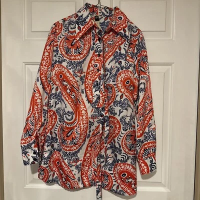 Blusa feminina vintage manga longa vermelha/branca/azul paisley bandana - Imagem 1 de 4