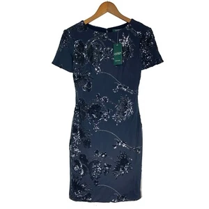 Vestido Ralph Lauren LRL para mujer 4 azul floral lentejuelas noche hasta la rodilla vaina - Imagen 1 de 4