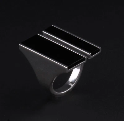 Anel Georg Jensen prata esterlina Aria duas barras com ágata preta # 612A. NOVO! - Imagem 1 de 4