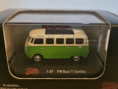 Malibu International 1/87 Scale Car w Display Case VW Bus T1 Samba Cream & Green - Image 1 of 4