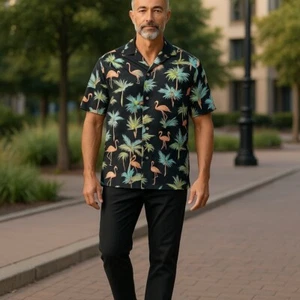 Pink Flamingo Men’s 2XL Hawaiian Shirt DESIGNED IN ITALY - Hawaiian Vacation - Picture 1 of 11