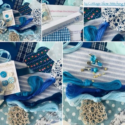 Slow Stitching Blues Starter Pack-Sewing Kit - 50 pieces fabric.buttons , beads. - Image 1 of 4