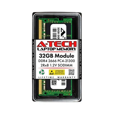 A-Tech 32GB DDR4 2666MHz PC4-21300 (PC4-2666V) CL19 SODIMM 2Rx8 1.2V 260-Pin ... - Image 1 of 4