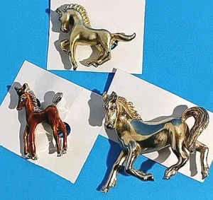 Pin Brooch Gold Tone & Brown Enamel Lot 3 Horse Stallion Jewelry All Vintage  - Picture 1 of 14