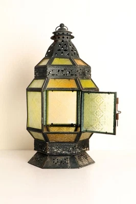 1960's Moroccan Green Glass Metal Hanging Lantern Vintage Candle Lamp Shade - Image 1 of 4