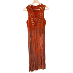 Gilet vintage anni 60 70 pelle scamosciata frange lunghe hippie boho festival marrone ruggine S - Foto 1 di 7