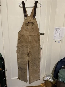 Carhartt Vtg Carpenter Bibs R37 BRN Duck Double Knee Overall 34x32 Distressed - Picture 1 of 21