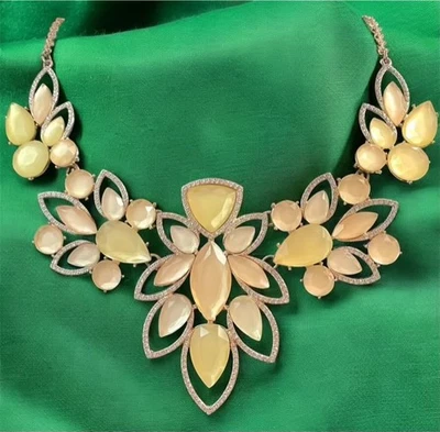 Statement Necklace Pale Yellow Peach Lucite Gold Tone Bold Runway Maximalist - Image 1 of 4