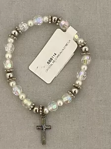 First Holy Communion Girl's Stretch Bracelet Faux Pearl Beads Cross - Picture 1 of 2