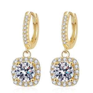 1-2cttw D Color Moissanite Square Drop Earrings 14K Gold Plated 925 Silver Women - Picture 1 of 9