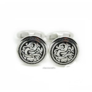 Silvered solid brass vintage dragon round shape Cufflinks Dia 17mm - Picture 1 of 6