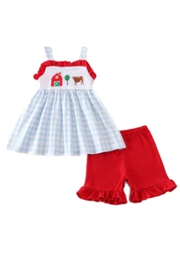 New Boutique Girls Size 5 Blue Check Embroidered Barn Cow Red Ruffle Shorts Set - Picture 1 of 3