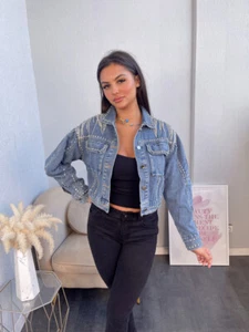 Women Oversized Studs&Chains Beaded Diamante Embellish Crop Length Denim Jacket - Picture 1 of 9