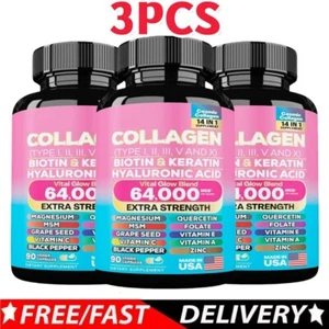 3x Collagen Pills Peptides Types I, II, III, V & X 64,000 MCG Biotin 270 Caps- - Picture 1 of 11