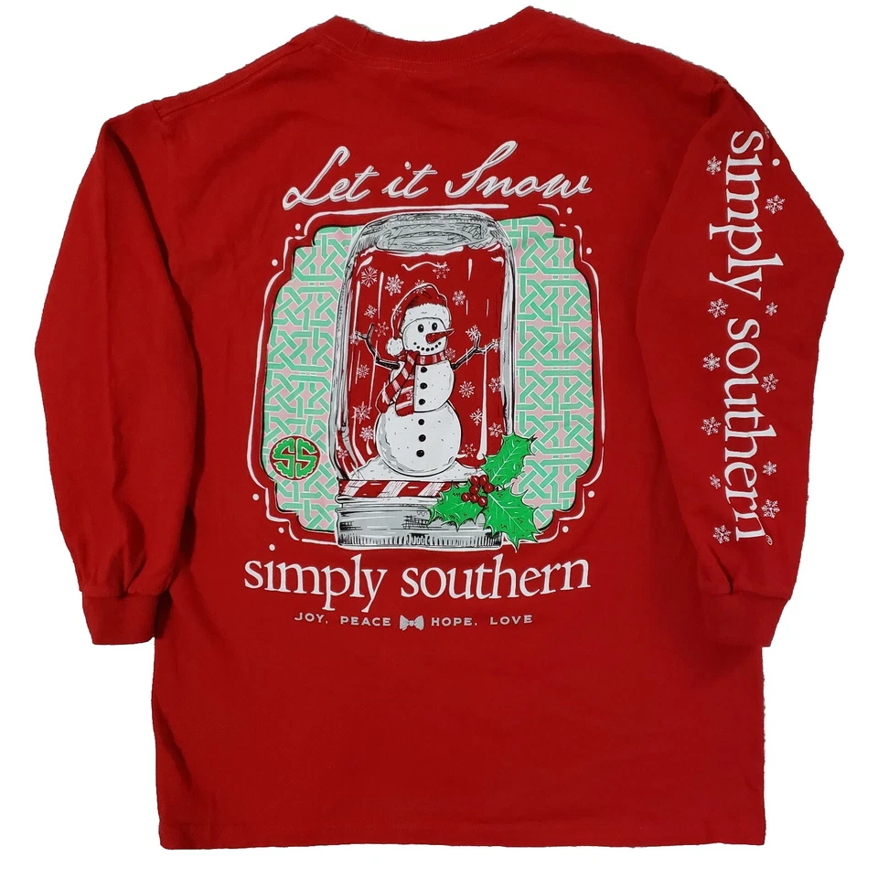 Camisa Simply Southern Youth S "Let It Snow" boneco de neve frasco de pedreiro vermelho manga longa  - Imagem 1 de 4