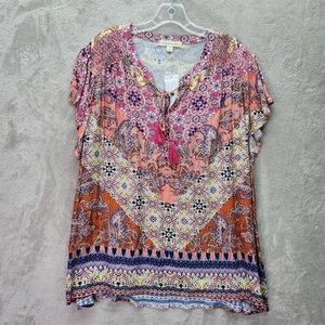Farmers Market Womens 2X Cinnamon Paisley Print Tassel Tie V Neck Top Blouse - Picture 1 of 9