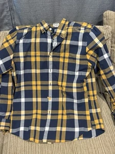 J. Crew Shirt Men's LARGE Woven Blue Gold Plaid Button Down 100% Cotton - Picture 1 of 3