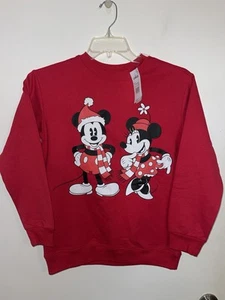 New Disney Youth L 12-14 Mickey Minnie Mouse Christmas Santa Hat Red Sweatshirt - Picture 1 of 3