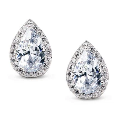 18k White Gold Plated Teardrop Cut Halo Stud Earrings Made With Swarovski - Image 1 of 4