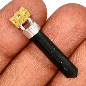 18K Gold Plating Natural Black Tourmaline Point Moldavite Silver Pendant CP19195 - Picture 1 of 1