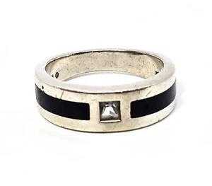 Aguamarina Negro Esmalte Montaje Al Ras Plata Esterlina Hombre Anillo Banda Talla 10.5 - Imagen 1 de 6