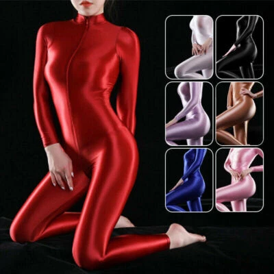 Damen Glänzend Satin Glänzend Langarm Jumpsuit Reißverschluss Offener Schritt Body Strampler - Bild 1 von 4