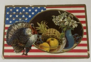 Vintage Thanksgiving Postcard. Gold Embossed. Turkey and American Flag. posted - Picture 1 of 3