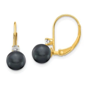 14K Solid Yellow Gold 6mm Black Freshwater Cultured Pearl Diamond Dangle ... - Picture 1 of 11