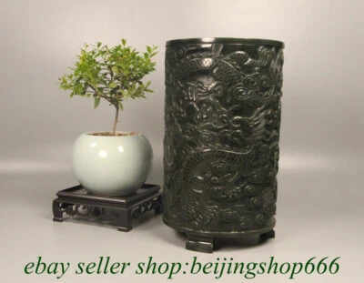 8,6» старый китайский зеленый нефрит нефрит нефрит резной дракон щетка горшок статуэтка - Изображение 1 из 4