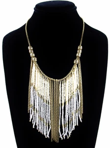 Lucky Brand Ivory Seed Bead Fringe Bib Necklace, 20"L Gold-Tone New $55 - Picture 1 of 5