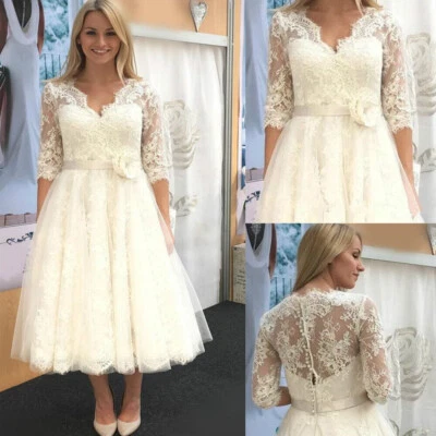 Short Lace Wedding Dresses 3/4 Sleeveless Lace Applique Tea Length Bridal Gowns - Image 1 of 4