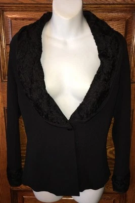 LAURA ASHLEY Black Rayon Knit Fancy Embroidered Collar Design Sweater JACKET, PM - Image 1 of 4