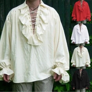 2025 Retro Men Medieval Gothic Shirt Top Victorian Ruffle Pirate Puff Sleeve HOT - Picture 1 of 15