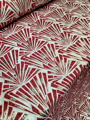 Metallic Brocade Fabric By Yard Red Gold Art Deco Beige Background Fashion Dress - Image 1 of 4