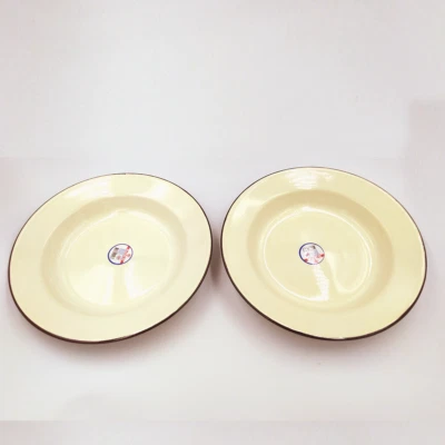 Set 2 pcs enamel Plates camping round dishes brown trim enamelware dinner auMM - Image 1 of 4